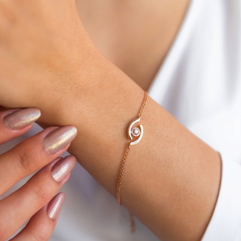 Evil Eye Bracelet Diamond Gemstone Solitaires 14k Real Gold Double Chain Shining Eye Bracelet Shining Bracelet Mothers Day Gift For Her image 1