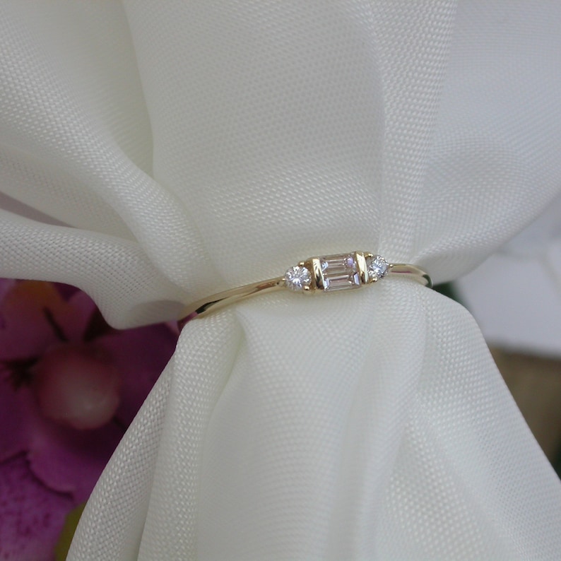 Gold Diamond Gemstone Ring 14k Solid Gold Baguette Ring Thin Minimal Band Elegance Ring Wedding Gift Engagement Ring Gift For Women image 3