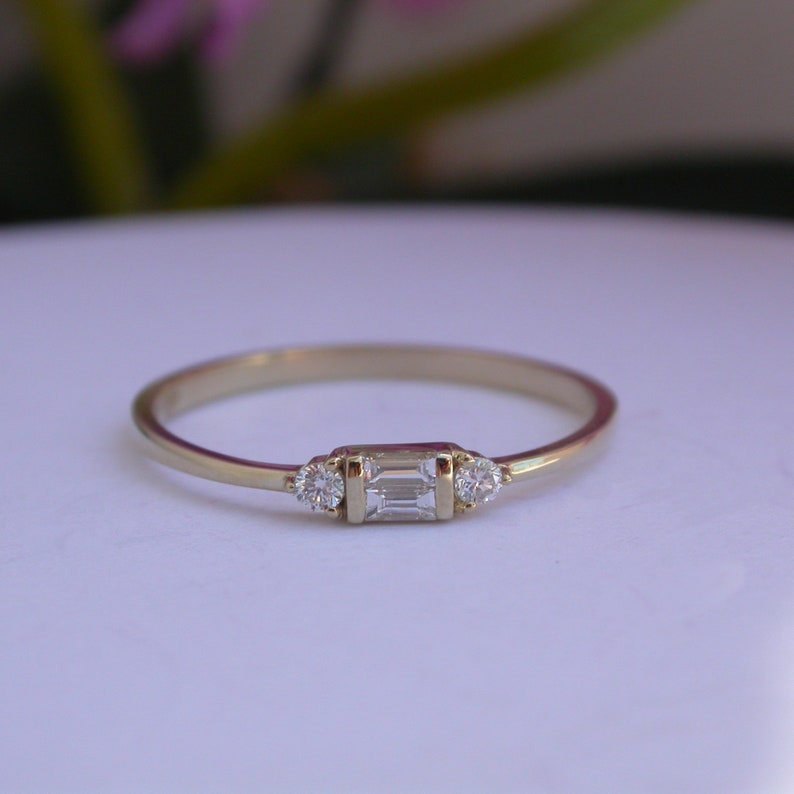 Gold Diamond Gemstone Ring 14k Solid Gold Baguette Ring Thin Minimal Band Elegance Ring Wedding Gift Engagement Ring Gift For Women image 6