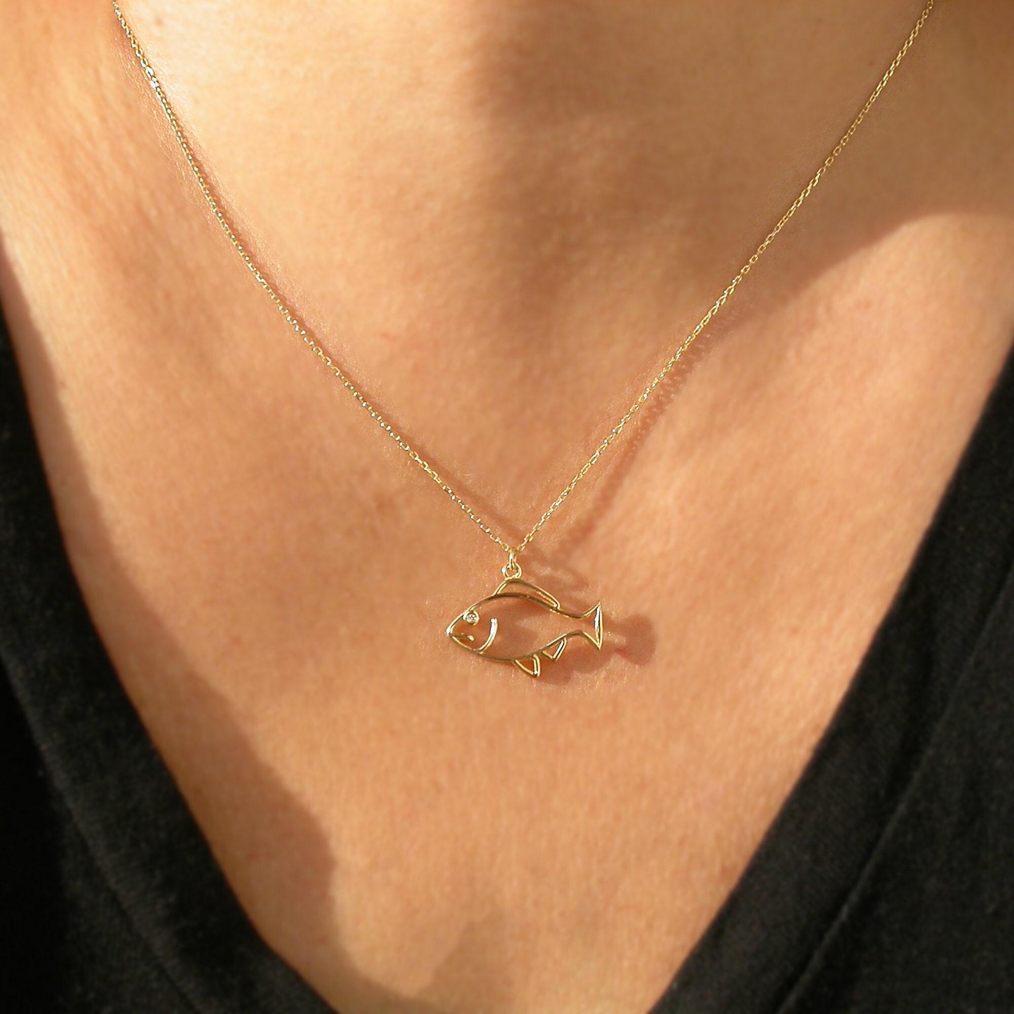 Fish Neclace 14k Solid Gold Solitaire Diamond Gemstone Fish Animal