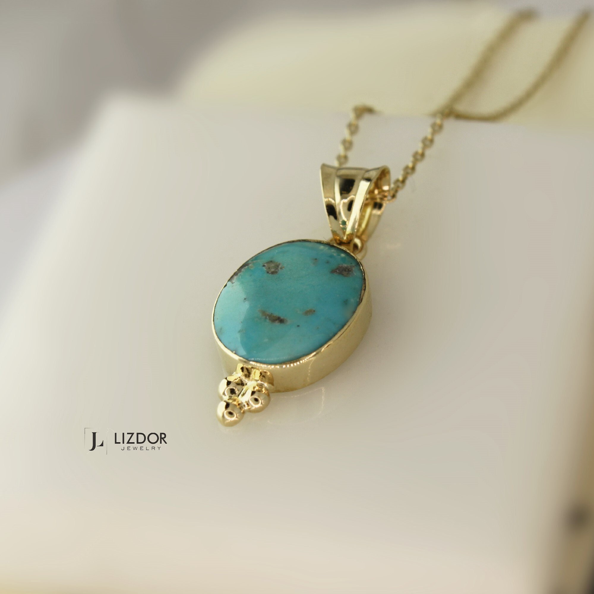 Genuine Turquoise Necklace 14k Solid Gold Oval Turquoise Pendant