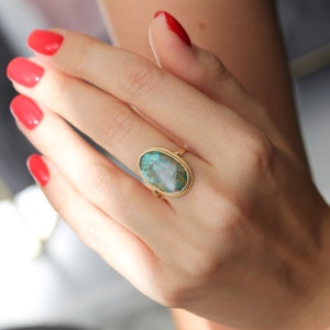 Genuine Turquoise Ring 14k Gold Vintage Style Ring Handmade Fine Jewelry Natural Raw Stone Ring Boho Oval Real Turquoise Ring Gift