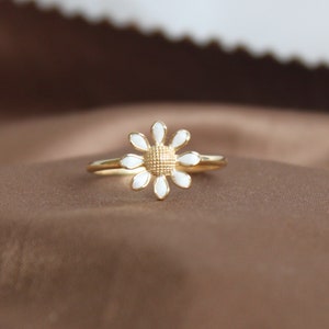 Daisy Ring 14k Gold Flower Band White Enamel Leaf Ring Minimalist Gold Ring Promise Anniversary Ring Thanksgiving Day Christmas Gift For Her image 5