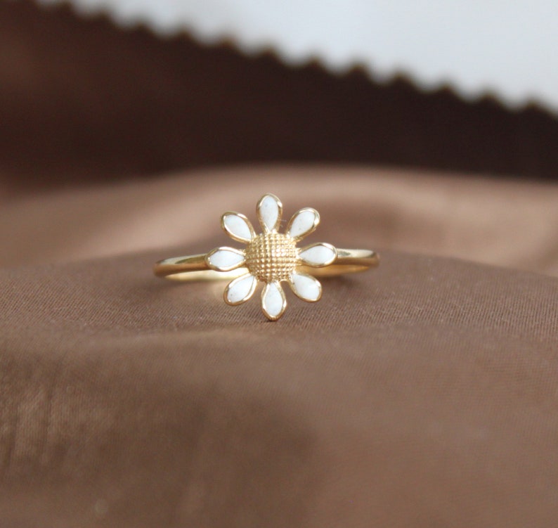 Daisy Ring 14k Gold Flower Band White Enamel Leaf Ring Minimalist Gold Ring Promise Anniversary Ring Thanksgiving Day Christmas Gift For Her image 5