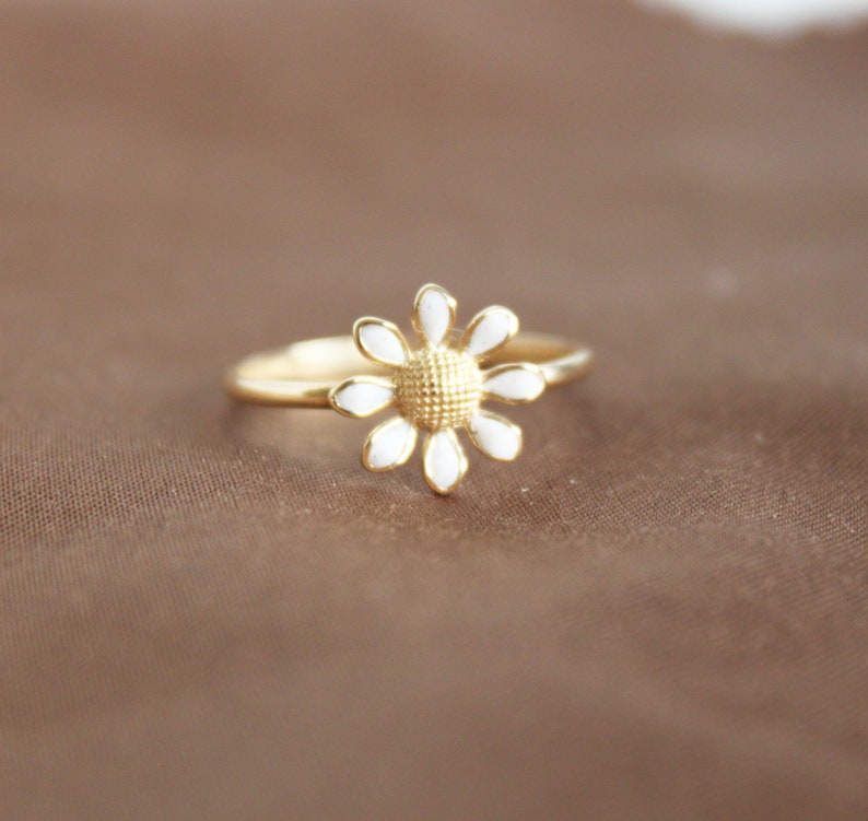 Daisy Ring 14k Gold Flower Band White Enamel Leaf Ring Minimalist Gold Ring Promise Anniversary Ring Thanksgiving Day Christmas Gift For Her image 7