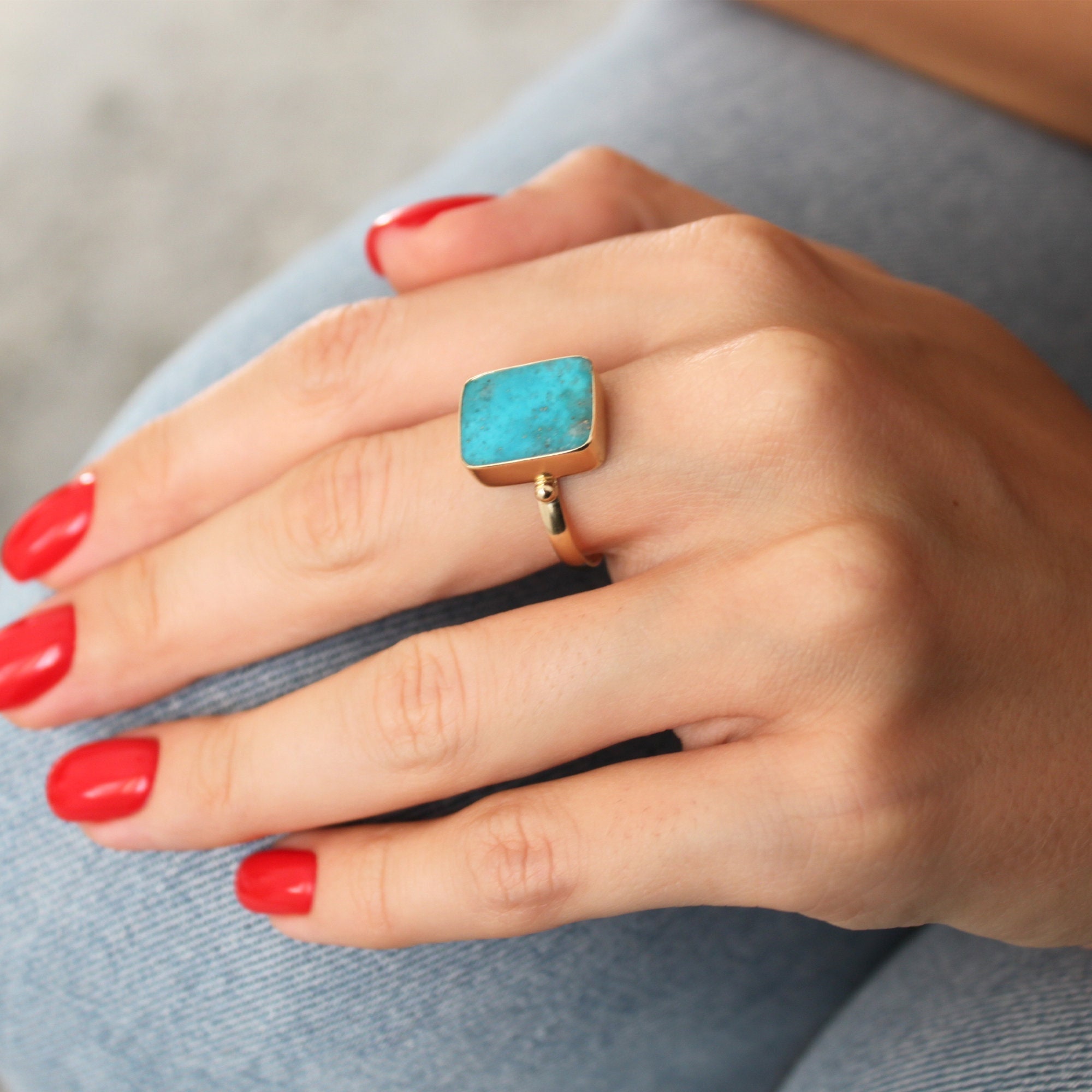 Genuine Turquoise Ring Gold Real Turquoise Ring Handmade Fine Etsy