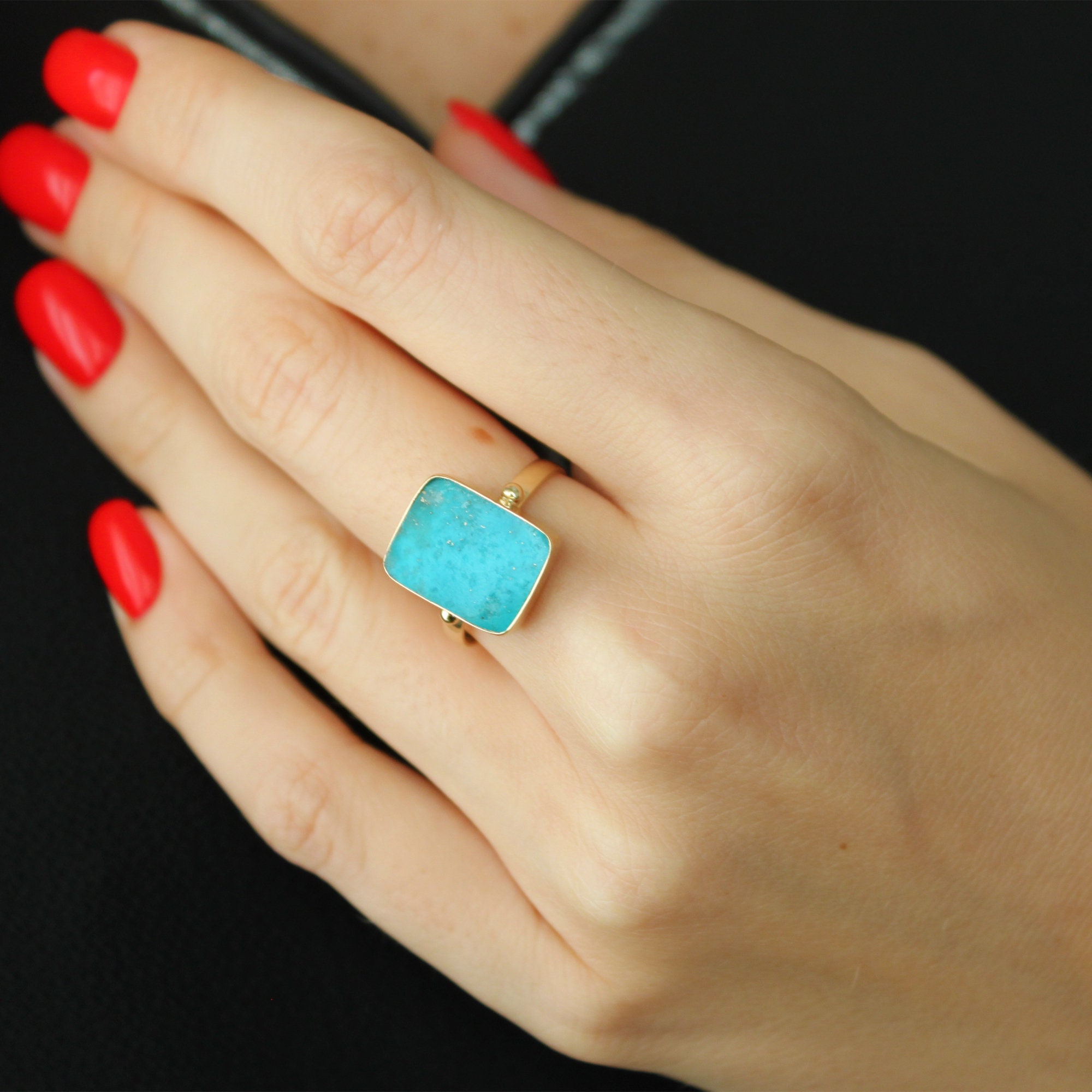 Genuine Turquoise Ring Gold Real Turquoise Ring Handmade Fine Etsy