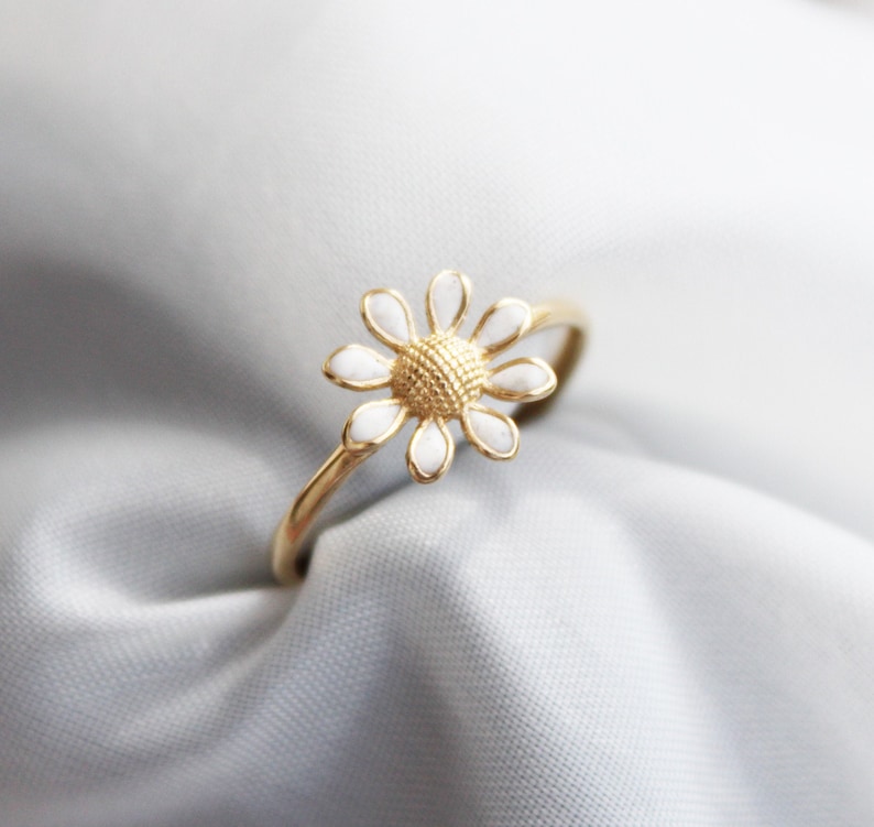 Daisy Ring 14k Gold Flower Band White Enamel Leaf Ring Minimalist Gold Ring Promise Anniversary Ring Thanksgiving Day Christmas Gift For Her image 2