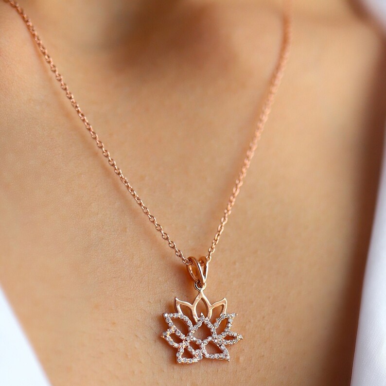 Lotus Flower Necklace 14k Gold Diamond Gemstone Flower Pendant Etsy