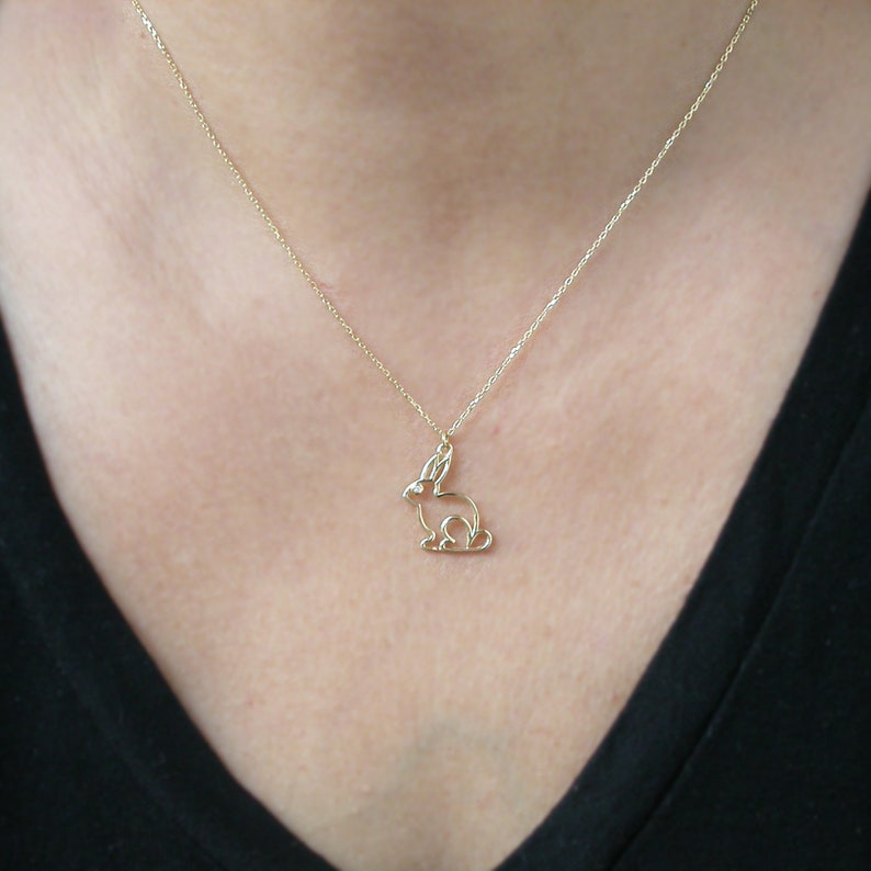 Gold Rabbit Necklace 14k Solid Gold Animal Jewelry Diamond Etsy