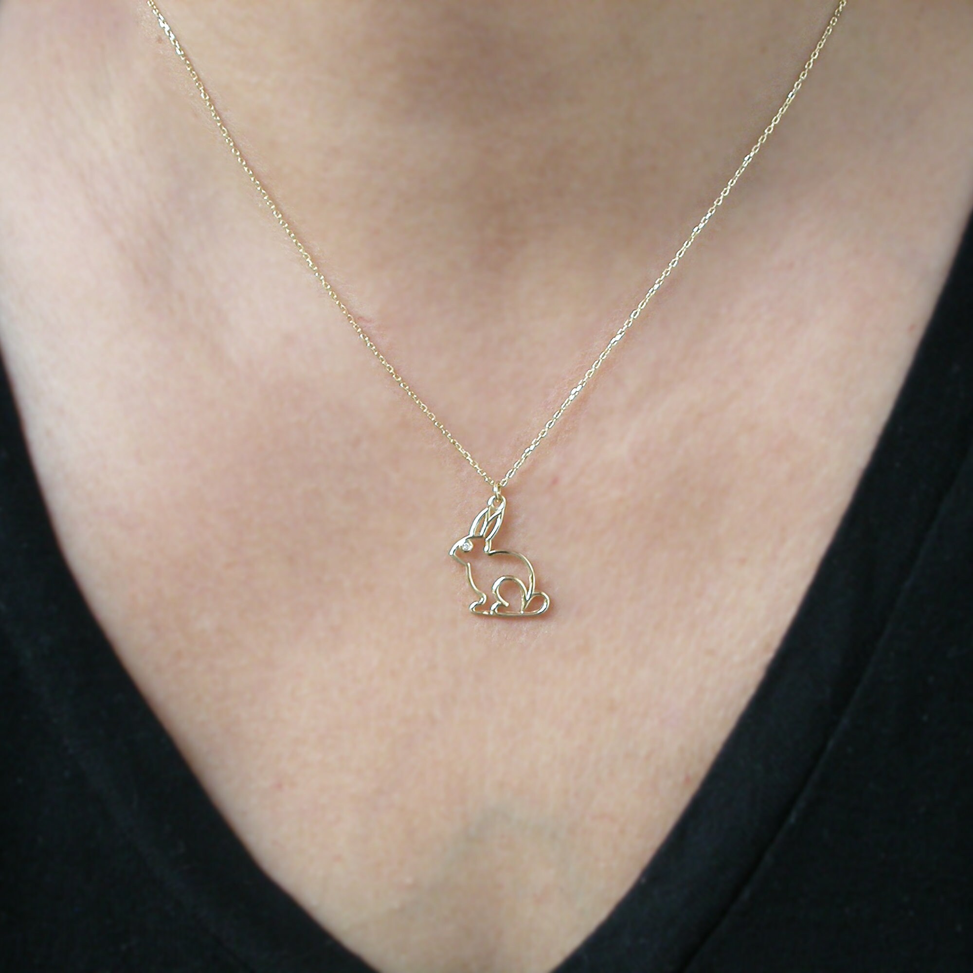 Gold Rabbit Necklace 14k Solid Gold Animal Jewelry Diamond - Etsy