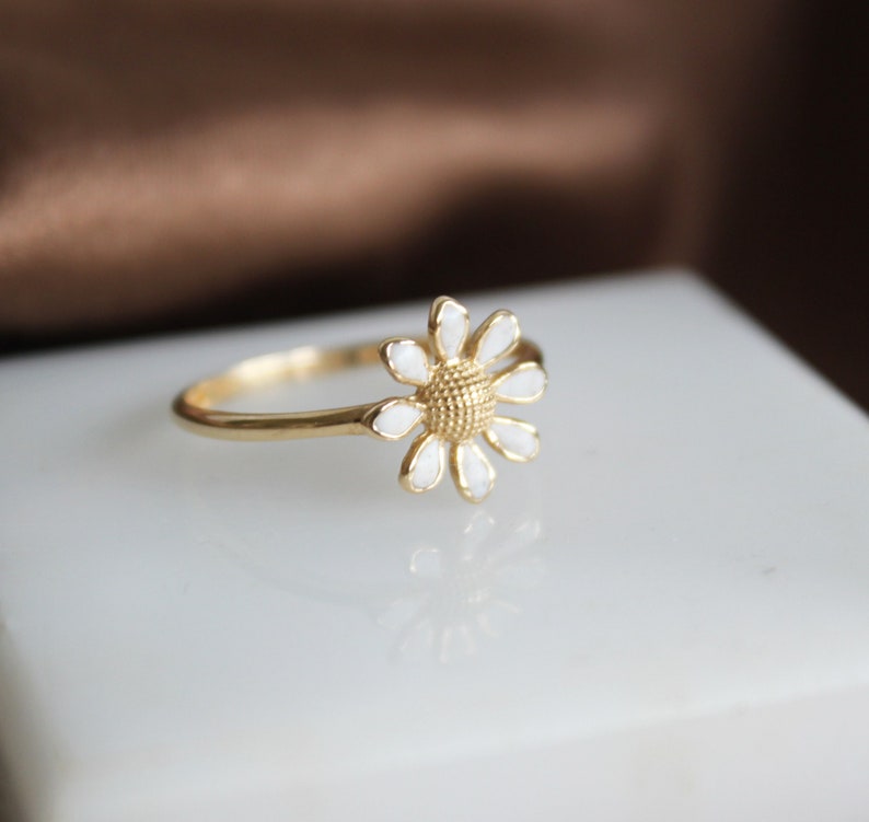Daisy Ring 14k Gold Flower Band White Enamel Leaf Ring Minimalist Gold Ring Promise Anniversary Ring Thanksgiving Day Christmas Gift For Her image 1