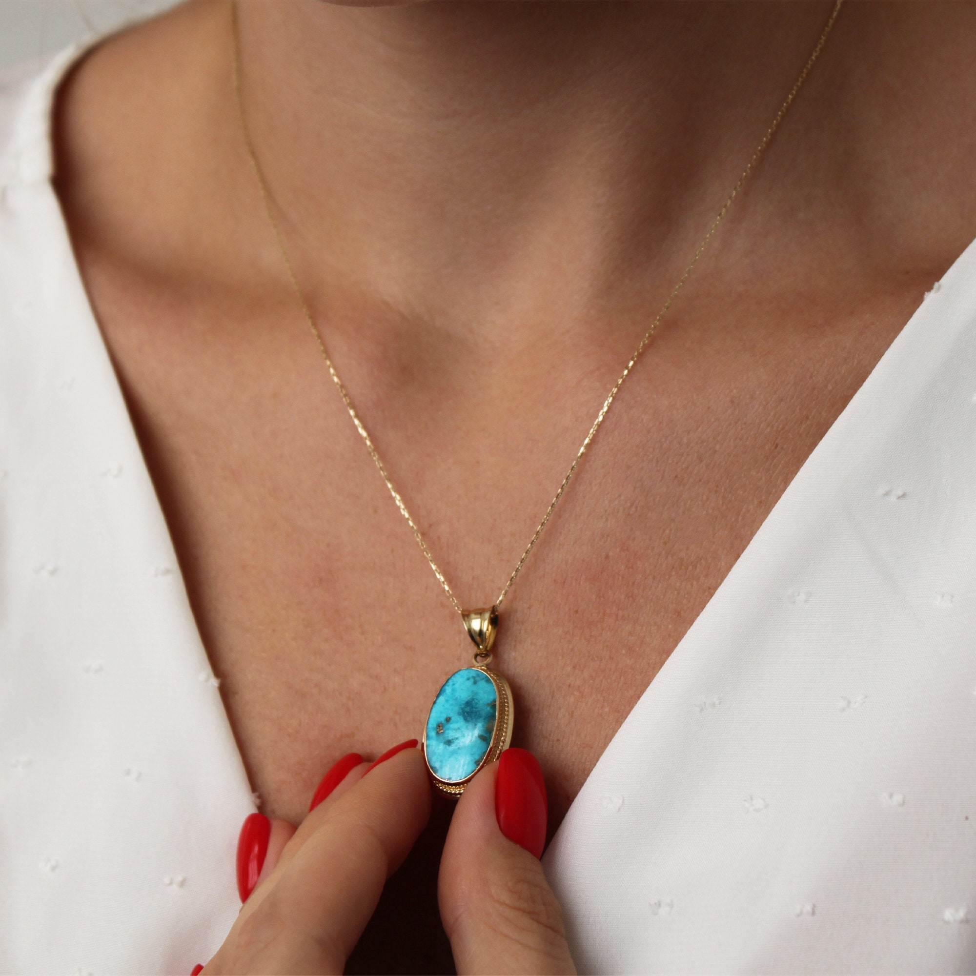 Oval Turquoise Necklace Gold Real Turquoise Necklace Vintage Etsy