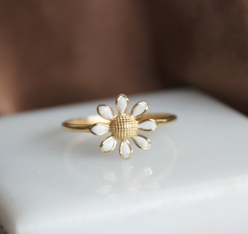 Daisy Ring 14k Gold Flower Band White Enamel Leaf Ring Minimalist Gold Ring Promise Anniversary Ring Thanksgiving Day Christmas Gift For Her image 3