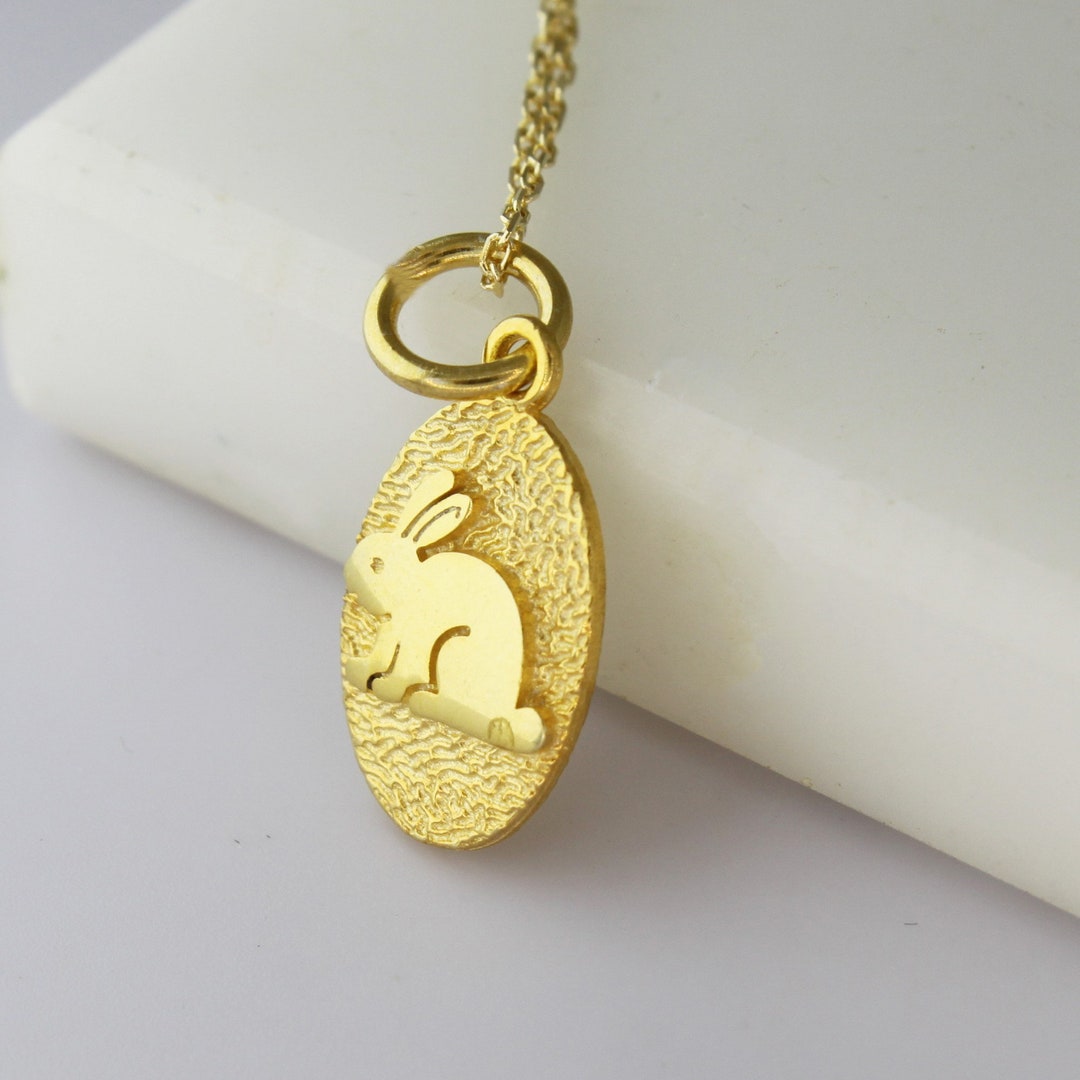 Gold Rabbit Necklace 14k Solid Gold Coin Necklace Gold Medallion