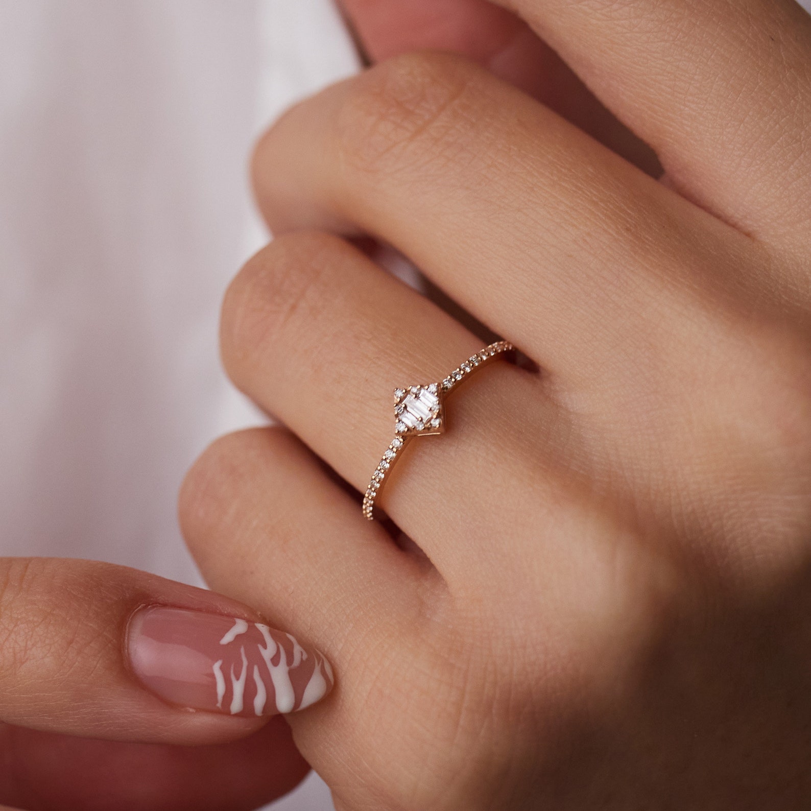 Baguette Round Diamond Gemstone Ring 14k Solid Gold 0.11ct