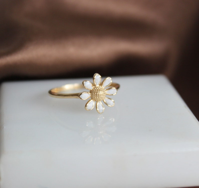 Daisy Ring 14k Gold Flower Band White Enamel Leaf Ring Minimalist Gold Ring Promise Anniversary Ring Thanksgiving Day Christmas Gift For Her image 4