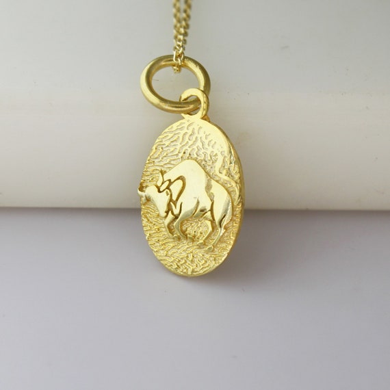 Gold Bull Necklace 14k Solid Gold Coin 