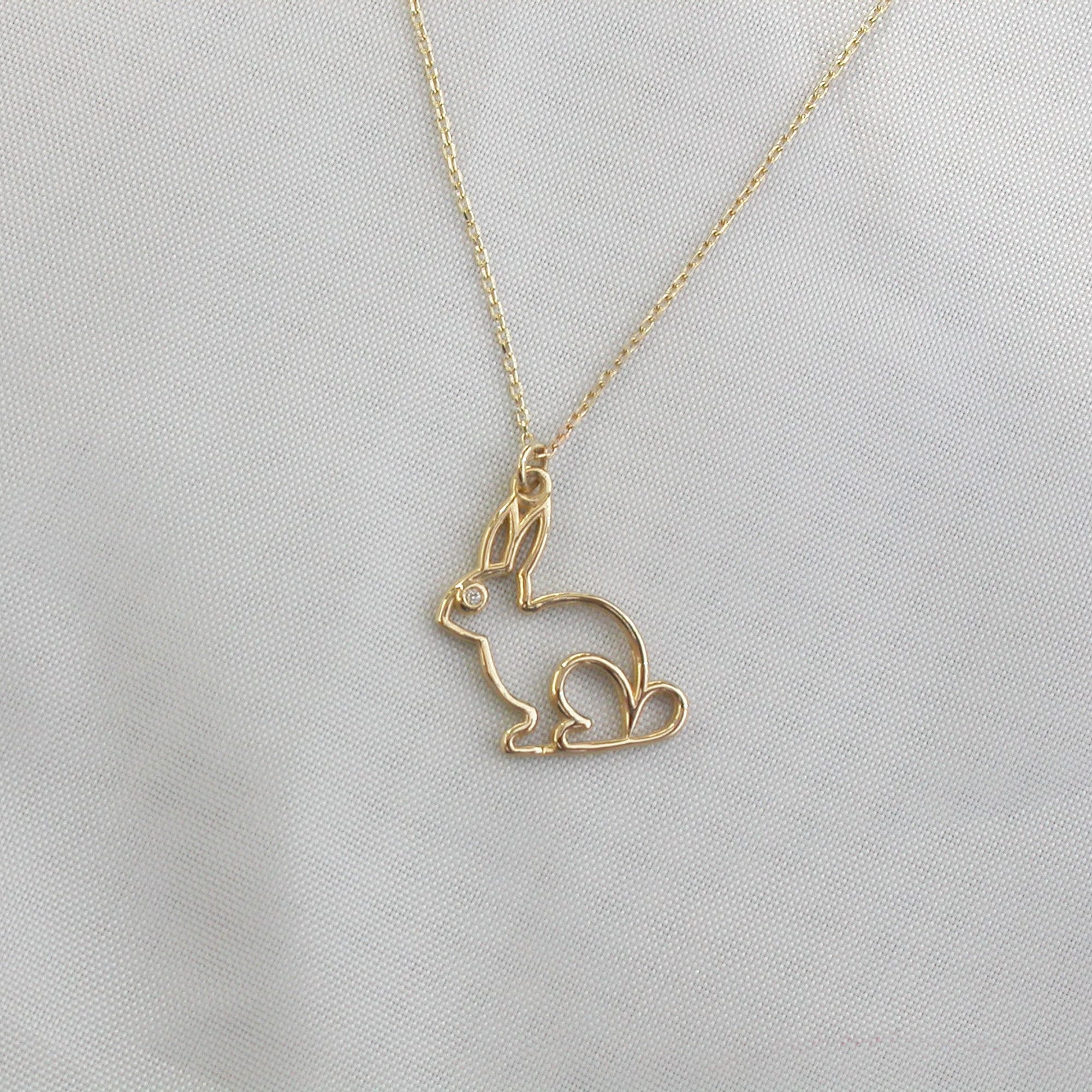 Gold Rabbit Necklace 14k Solid Gold Animal Jewelry Diamond Etsy