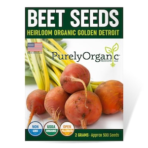 May include: Package of heirloom organic golden Detroit beet seeds. The package features a photo of golden beets, the brand name "Purely Organic Products LLC", and the text "Made in the USA". The package also includes USDA Organic and Non-GMO certifications. The package contains 2 grams of seeds, approximately 500 seeds.