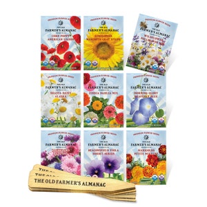 Premium Flower Garden Starter Kit with Wooden Plant Markers - The Old Farmer&#39;s Almanac, 9 Seed Packets, Over 8000 Seeds