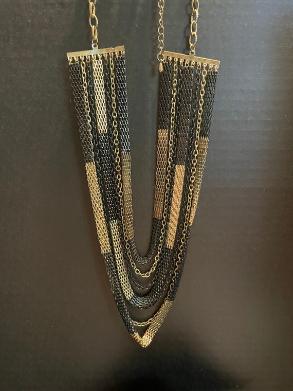 1970-1980 Two Toned Gun Metal & Gold Chain Link Mesh Bib Necklace