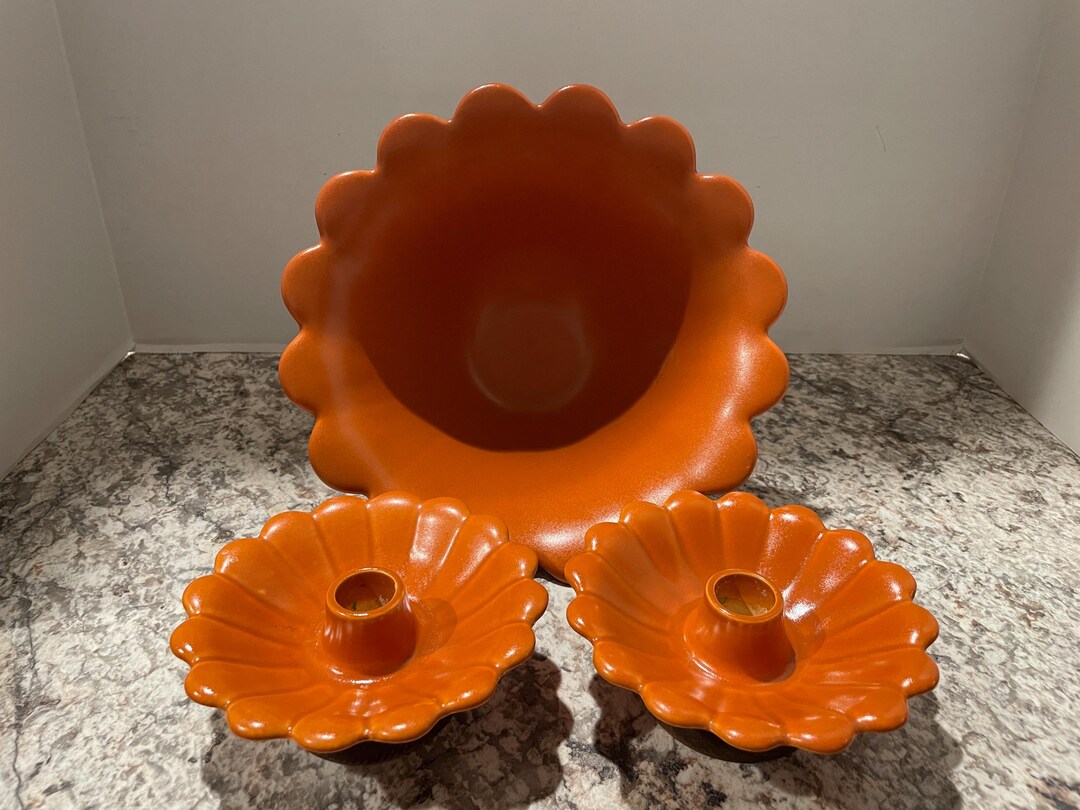 Rust Color Bowl 1960’s Rust Orange Decorative Bowl With Matching Candle Holders - Etsy