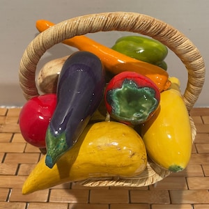 Vintage Handmade Ceramic Basket of Ceramic Fruit