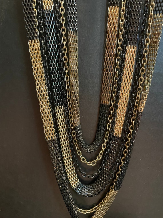 1970-1980 Two Toned Gun Metal & Gold Chain Link Mesh Bib Necklace View 3