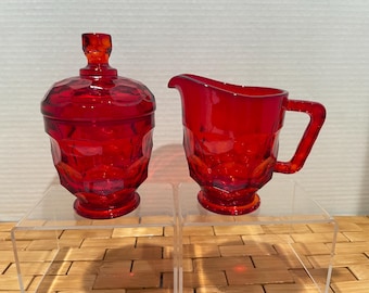 Vintage Viking Glass “Georgian” Honeycomb Pattern Ruby Red Creamer & Sugar Bowl Set