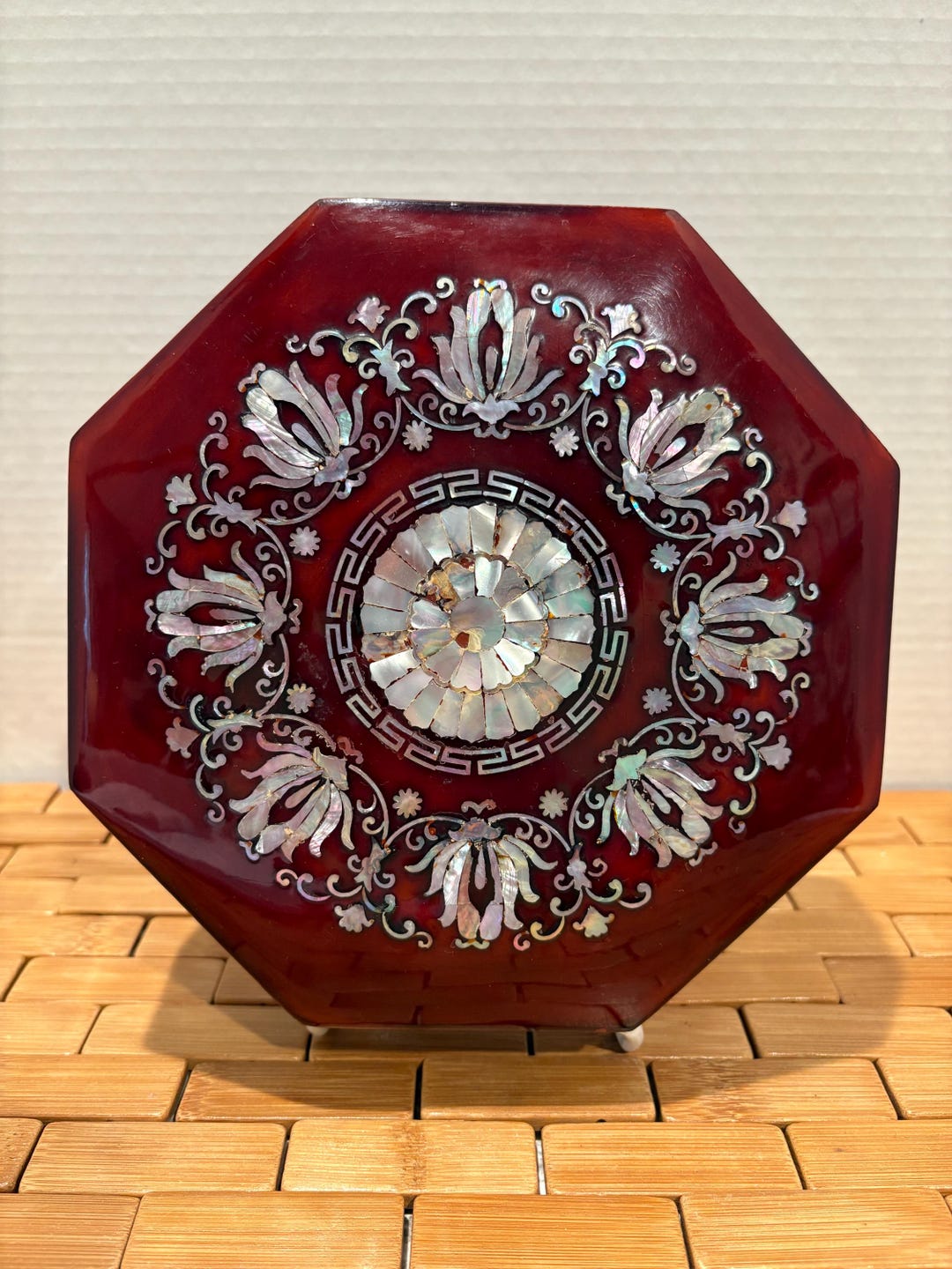 Vintage Red Lacquer Jewelry Box with Mother of Pearl Inlay
