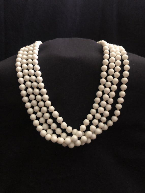 Vintage 4-Strand White Plastic Beaded Necklace - image 1