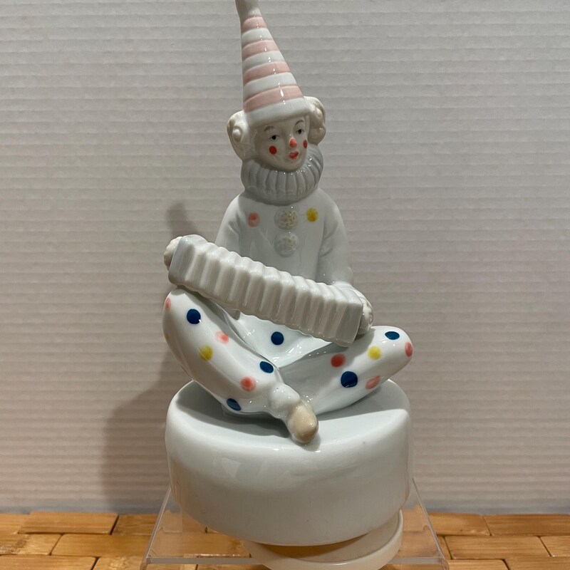 Marionnettes - Clown musicien, automate musical avec remontoir, en porcelaine