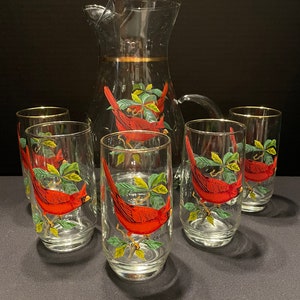 Vintage West Virginia Glass Cardinal Pitcher & Glasses