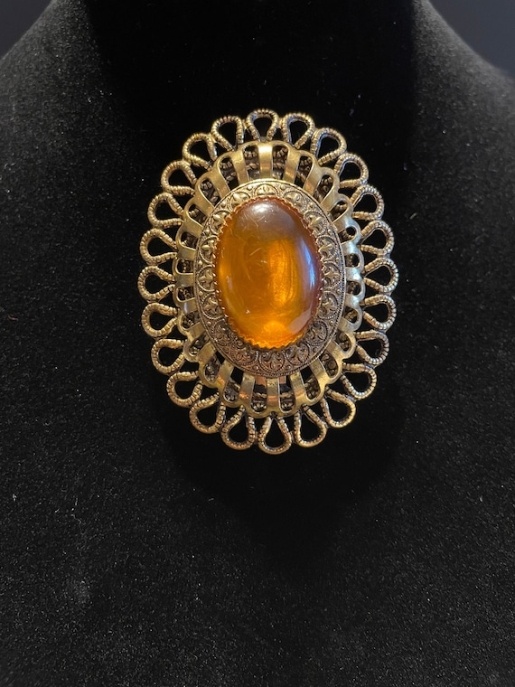 Vintage Oval Amber Color Gem Brooch
