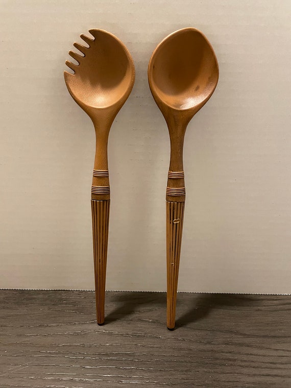 Vintage MCM Faux Wood Salad Utensils Etsy