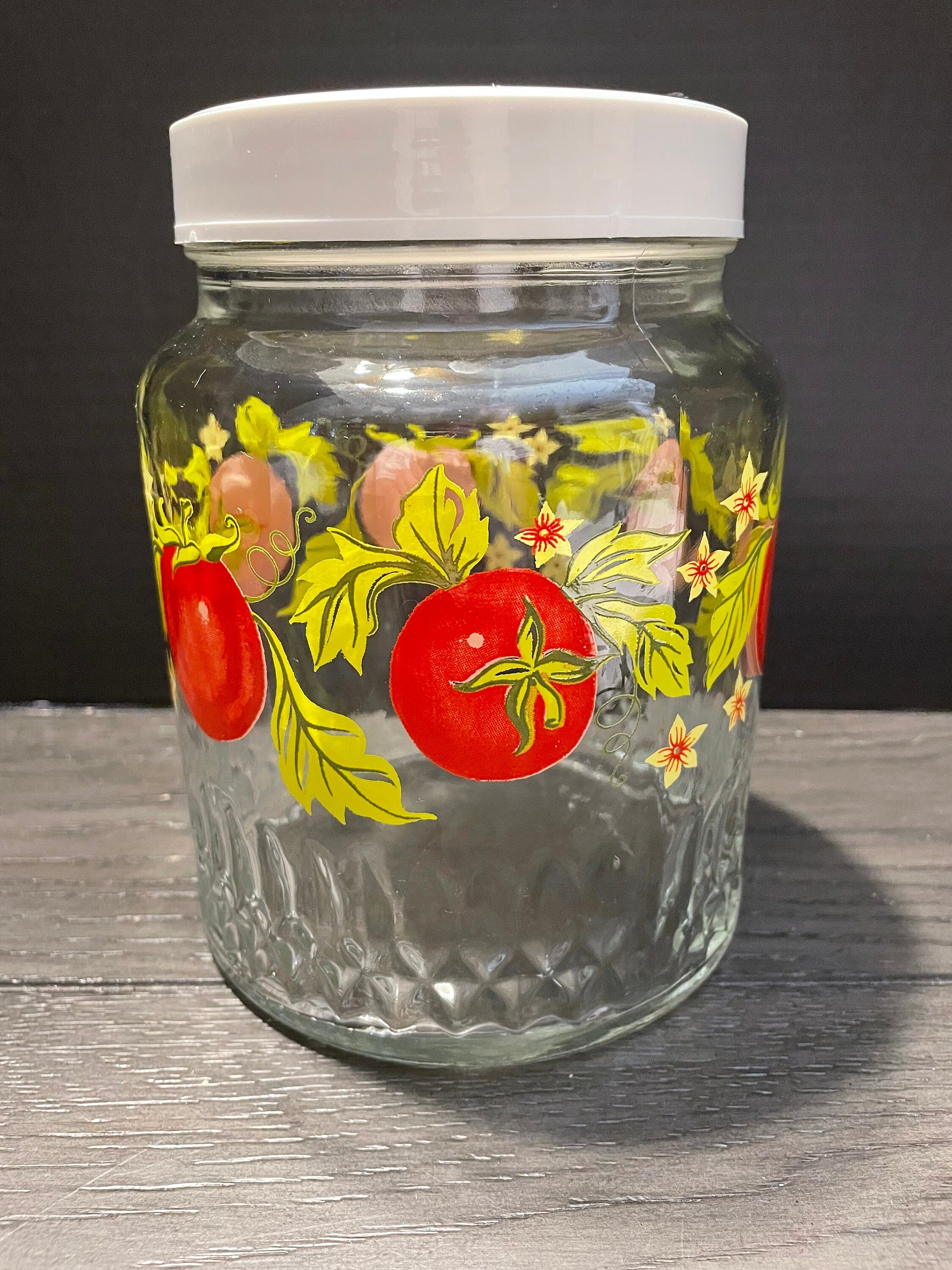 Vintage KIG Indonesia Clear Glass Cookie Jar Canister Fruit Pattern