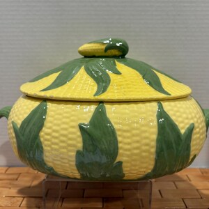 Vintage Handmade Textured Ceramic Corn Dish with Lid