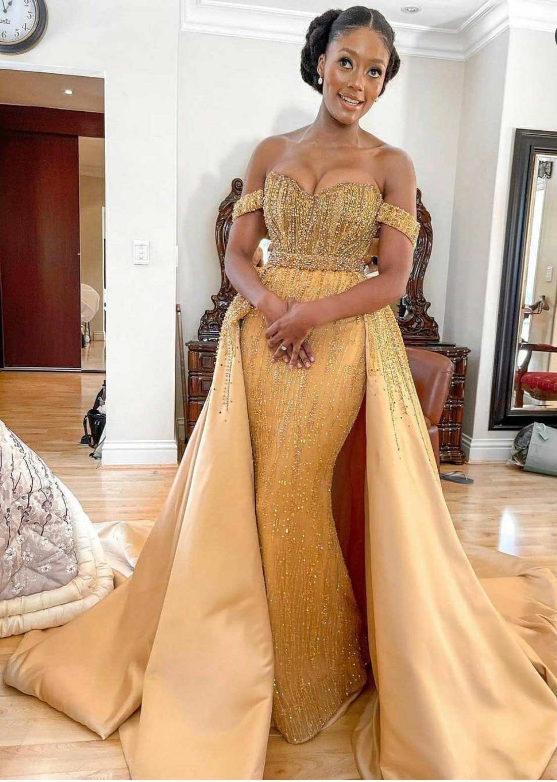 Gold Sequin Lace and Appliqué Dress, Elegant Prom Dress, Gold Evening  Dress, Wedding Reception Dress, African Lace Evening Gown, 