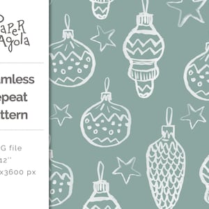 Mint Green Christmas Baubles Seamless Repeat Pattern | Hand-drawn Ornaments Fabric Design for Commercial Use | Boho Digital Paper | PF135