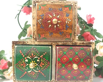 Unique Indian Wooden Box Jewellery Chest 3 Drawers Storage Hand Craft Painted Bohemian T shaped 20x18x12 Centimetres UK