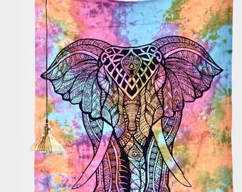 Tapisserie indienne d’éléphant multicolore 2 taillesTwin / Queen Wall Hanging Mandala boho