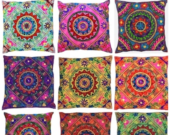 24"x24" Indian Handmade Suzani Colourful Wool Embroidered Mirror Boho Large Cushion Covers Pillow Case Cotton Sequin Zipper 60 cm Square UK