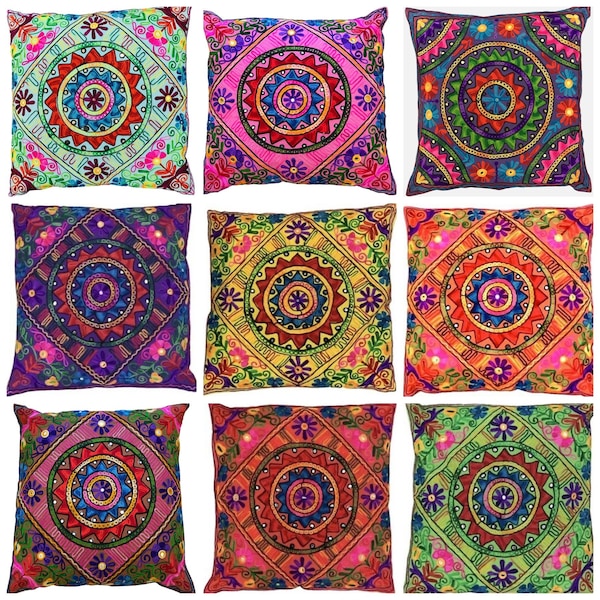 24"x24" Indian Handmade Suzani Colourful Wool Embroidered Mirror Boho Large Cushion Covers Pillow Case Cotton Sequin Zipper 60 cm Square UK