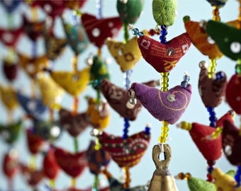 Multicoloured Birds Tota Wall Hangings with Sequin Bird Bell Parrot Indian Traditional Wind Chime Mobile 20 Bird on a String with Brass Bell