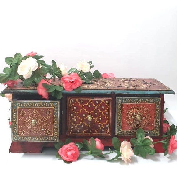 Indian Wooden Bohemian Box Jewellery 3 Chest Drawers Storage Hand made with love Painted crystal 35x16x13 Centimetres UK