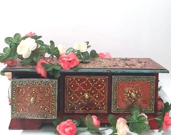 Indian Wooden Bohemian Box Jewellery 3 Chest Drawers Storage Hand made with love Painted crystal 35x16x13 Centimetres UK