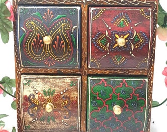 Indian Wooden Square Box Gift Jewellery Chest 4 Drawers Storage Painted Bohemian Hand Crafted Fair Trade Antique style  20x18x12 Centimetres
