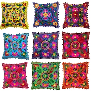 Indian Ethnic Handmade Suzani Floral Bohemian Colourful Wool Embroidered Mirror Boho Cushion Covers pom pom Border Pillow Case 40 x 40 cm UK