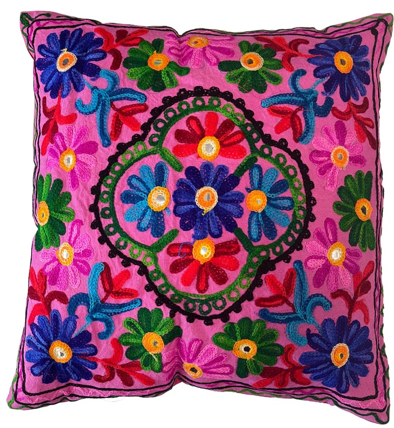 Housses de coussin cachemire, laine Suzani, broderie indienne, miroirs, étui bohème, 40 x 40 centimètres carrés, vendeur britannique Boho Takiya Pink